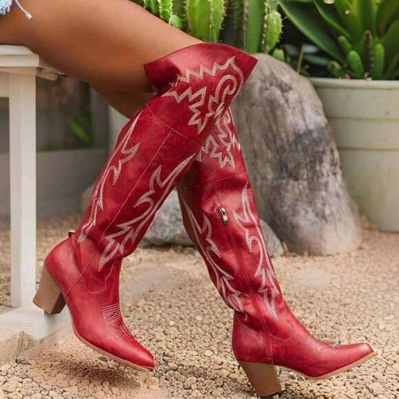 Red Women's Embroider Thigh High Western Cowboy country Chunky Heel Boots - Picture 1 of 5